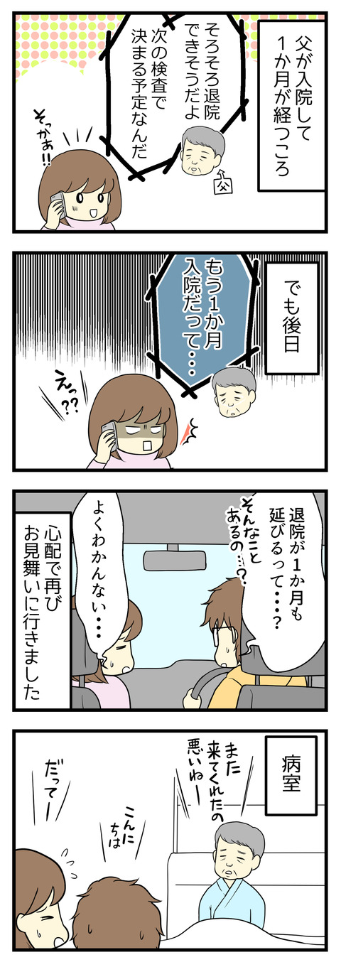父が入院して1か月が経ち父本人から「そろそろ退院できそうだよ」と連絡がありほっとしていました。でもその後「退院が延期になった・・・」と連絡があり不安になりながらも再度お見舞いへ行くと、変わらずそれなりに元気そうな父で安心しました。