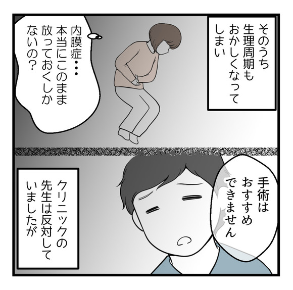 そのうち生理周期もおかしくなってしまい、クリニックの先生は子宮内膜症の手術に反対していましたが・・・