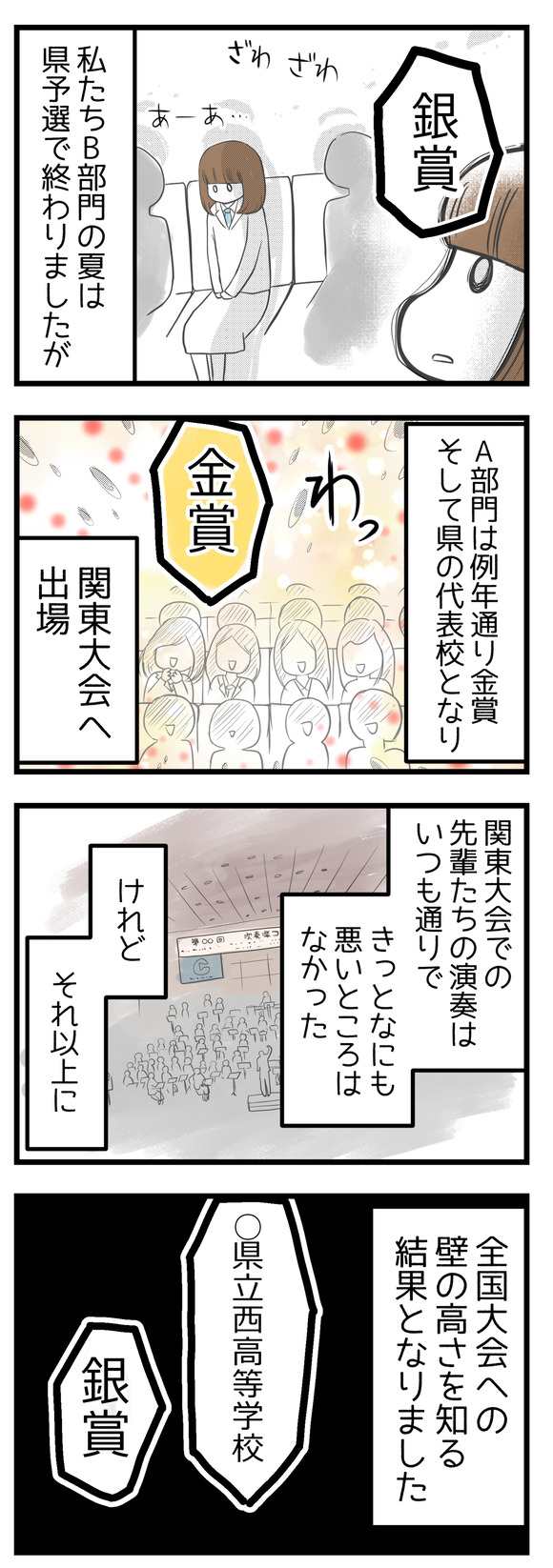 私たちの高校B部門は銀賞で終わりました。先輩たちのA部門は金賞で例年通り県代表校となり、関東大会へ出場。関東大会での先輩たちの演奏はいつも通りで、きっと悪いところはなかった。けれどそれ以上に、全国大会への壁の高さを知る結果となりました。