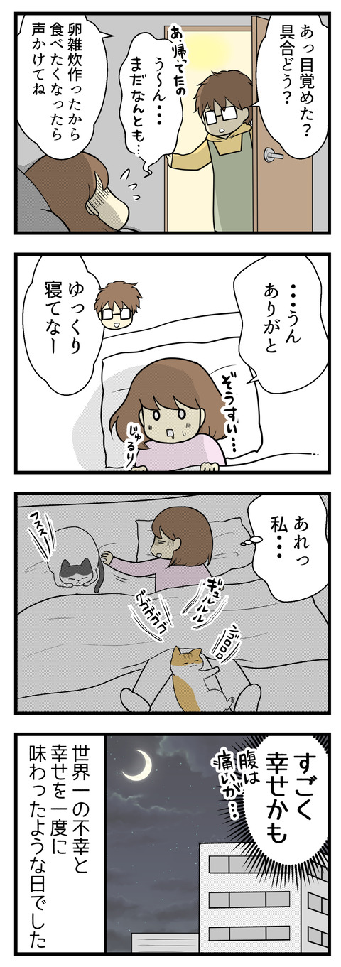 そして夫も帰宅していて「卵雑炊を作ったから食べたくなったら言って」とのこと。それで「私もしかして世界一幸せかも!」と世界一の不幸と幸せを一度に実感した一日でした