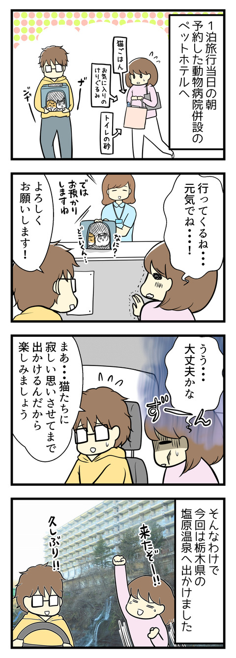 1泊旅行当日の朝、予約しておいた動物病院のペットホテルへ行きました。後ろ髪引かれる思いで猫たちを預けていざ出発です!夫は「猫たちに寂しい思いをさせてまで出かけるんだから楽しもう」と。そんなわけで今回は栃木県の塩原温泉へ行きました