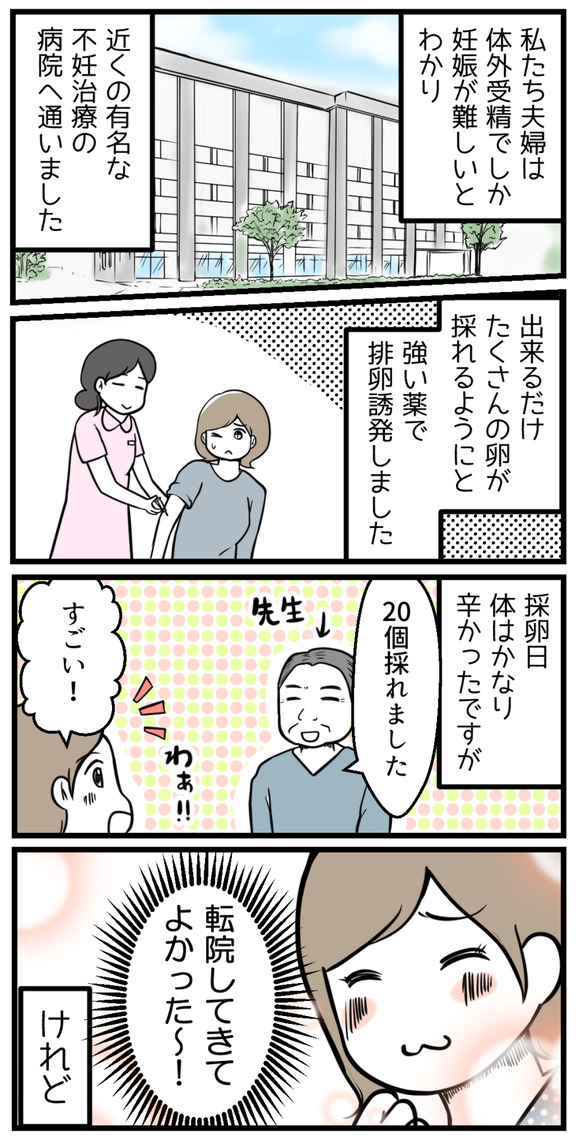 私たち夫婦は体外受精でしか妊娠が難しいことがわかり、近くの有名な不妊治療の病院へ通いました。出来るだけたくさんのタマゴが採れるようにと強い薬で排卵誘発しました。