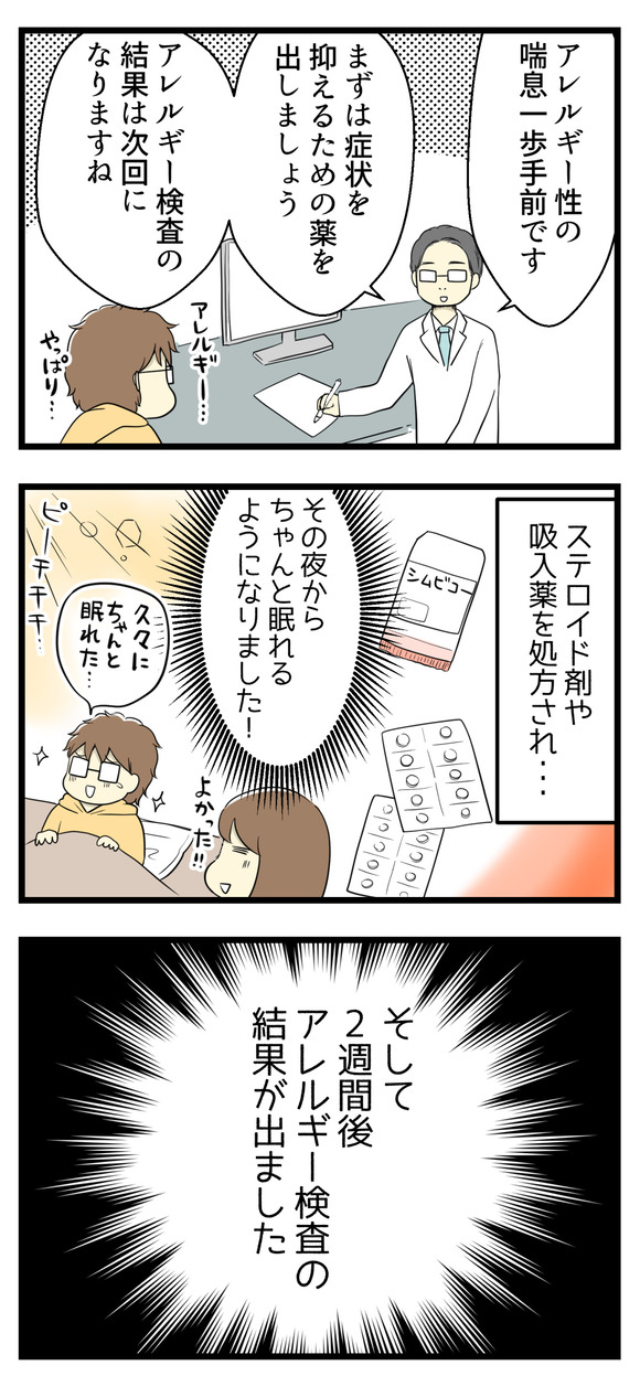 「アレルギー性喘息の1歩手前の状態」と診断されました。症状を抑えるための薬を出してもらい、アレルギー検査結果は2週間後となりました。処方された薬はちゃんと効いて、リロさんはその晩から眠れるようになりました。そしてアレルギー検査の結果は・・・!