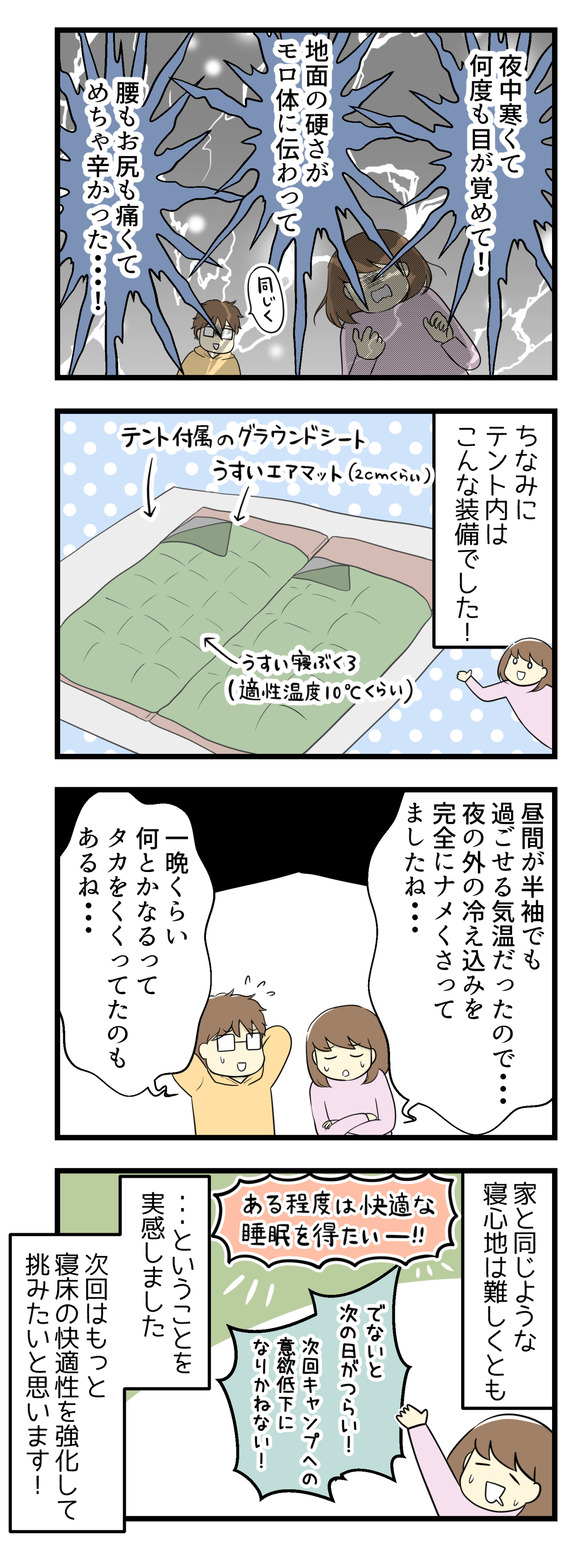 夜中寒くて何度も目が覚めて!地面の硬さがモロ体に伝わって!腰もお尻も痛くてとにかく辛かった・・・!昼間が半袖でも過ごせる気温だったので、夜の外の冷え込みを完全になめていましたね・・・。家と同じような寝心地とは行かなくとも、ある程度は快適な睡眠を得たい!でないと次の日が辛いし、次回のキャンプへの意欲が低下する!ということを実感しました。次は寝床を強化してリベンジしたいです。