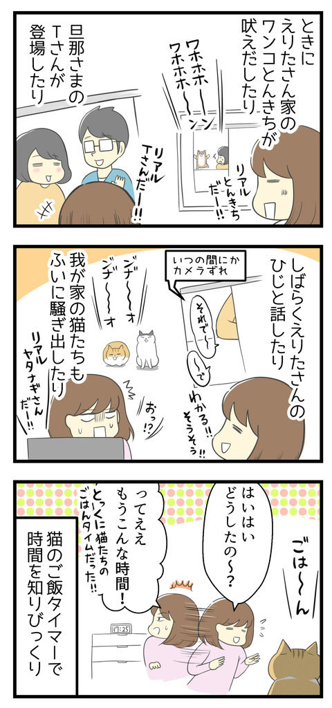 えりたさん家のワンコとんきちがいきなり吠え出したり旦那さまのTさんが登場したり、しばらくえりたさんのひじと話したり(カメラがずれてる)うちの猫たちも急に騒ぎ出したりハプニング盛りだくさん☆猫のご飯タイマー鳴きで時間に気づき、あっという間に17時半すぎてました。