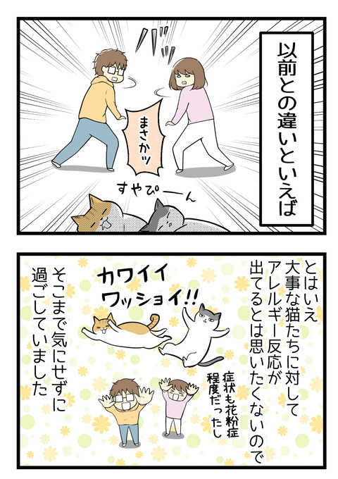 以前との違いといえば、猫がいること!まさか!?となりましたが大事な猫たちでアレルギーが出ているとは思いたくなくて、症状も重くないしそこまで気にせずに過ごしていました