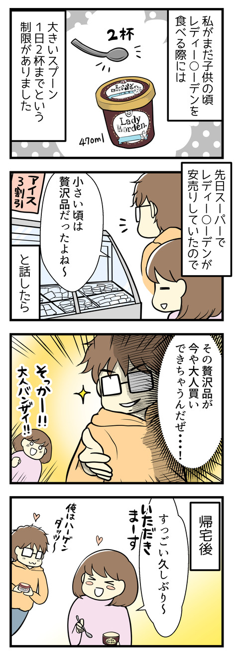 子供の頃レディーボーデンを食べる際は大きいスプーン2杯までという制限がありました。先日スーパーで安売りしているのを見た時に「子供の頃は贅沢品だったよね」というと夫が「その贅沢品が今や大人買いできちゃうんだぜ」と言い見事に大人買い!家に帰って早速食べてみると・・・