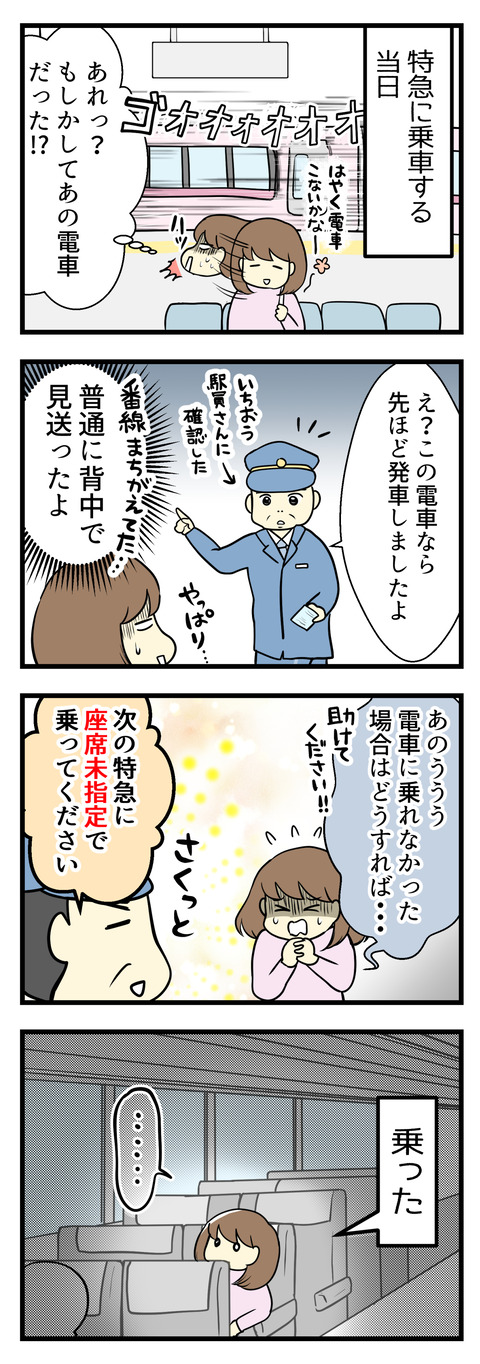 そして特急に乗る当日。背中で乗車予定の特急を見送るはめに。番線を間違えました！乗り遅れた場合どうすればいいのか駅員さんに確認したら「次の特急に座席未指定で乗って下さい」とのこと。で言われた通り次の特急に乗りました。