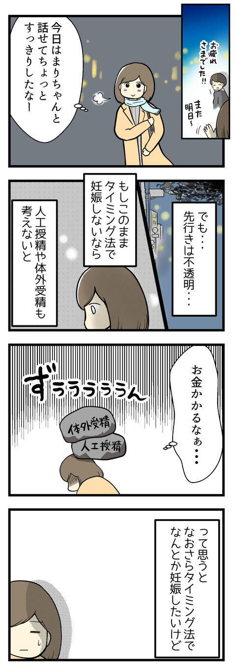 会社の後輩まりちゃんと話してちょっとすっきりした気分になったみつき。でも自分の置かれている状況を考えるとあっという間にブルーな気持ちに。人工授精、体外受精と進んだらどんどんお金がかかるし、なおさら今のタイミング法で妊娠したい