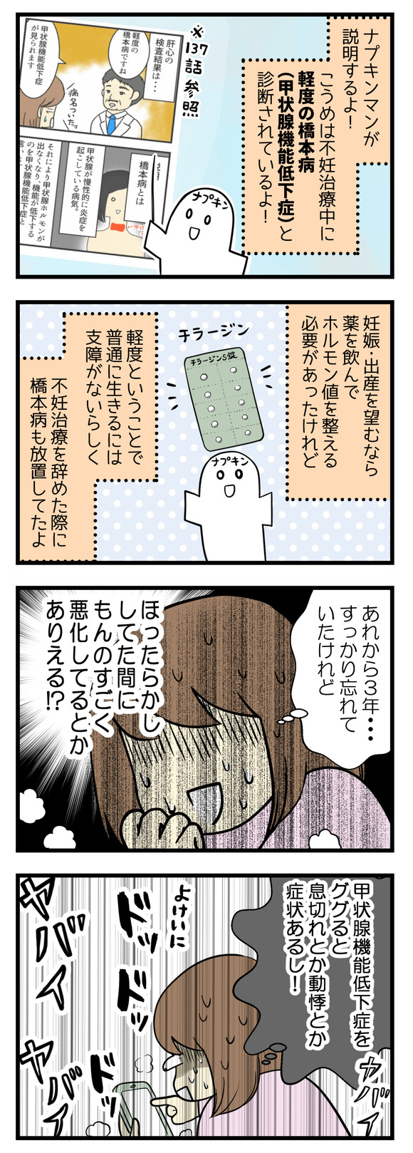 ナプキンマンが説明するよ!こうめは不妊治療中に軽度の橋本病(甲状腺機能低下症)と診断されているよ!軽度なので普通に過ごす分には支障がないってことで、不妊治療を辞めたのと同じタイミングでホルモン剤を飲むのをやめたよ!あれから3年、すっかり放置していたけれど、悪化しているかも!?甲状腺機能低下症をググると動悸やらなんやら当てはまるし!と不安に。