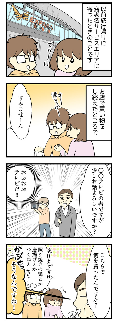 以前旅行帰りに海老名サービスエリアに立ち寄ったときのことです。数々ある店舗を見てお土産やグルメな食べ物を買い込んでいたとき、テレビのインタビュアーさんに声をかけられました