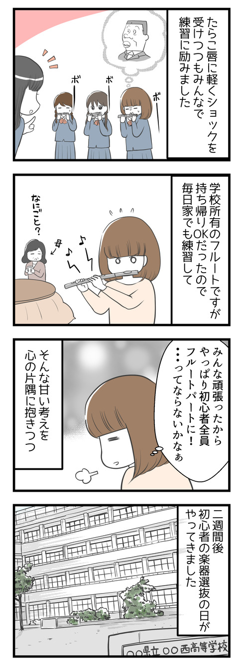 たらこ唇と言われ軽くショックを受けるも頑張って練習を続けました。フルートは毎日家に持ち帰り家でも練習をして、「頑張ったからみんなフルートに所属しよう！」なんて言われないかな･･･？などと甘い考えを抱きつつ、いよいよ初心者の楽器選抜の日がやってきました。