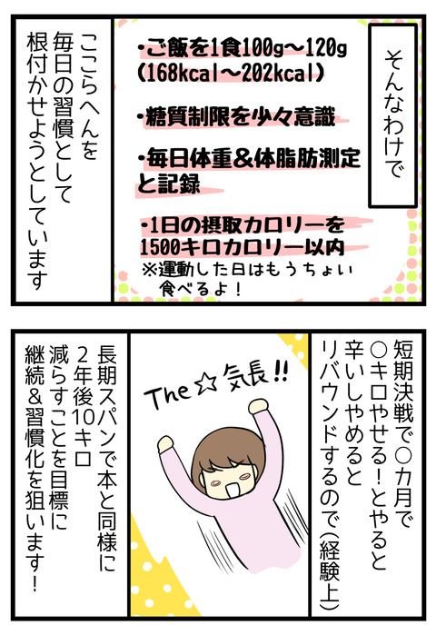 そんなわけで少し摂取カロリーを減らしていくために1食ご飯を120グラムまで、糖質制限を少し意識、毎日体重と体脂肪を計測と記録、1日の総摂取カロリーを1500キロカロリー程度に制限するということを根付かせようとしています。