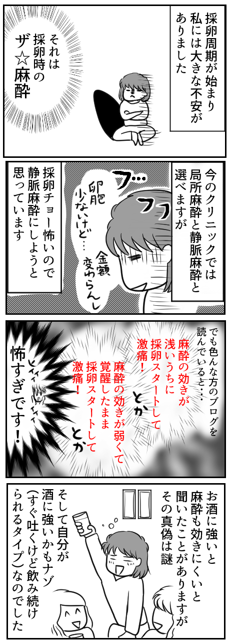 私には初めての採卵にあたり、大きな不安がありました。それは静脈麻酔です!今通っている不妊治療クリニックでは局所麻酔と静脈麻酔と選べますが、意識があると怖さ倍増なので静脈麻酔で行こうと思っています。