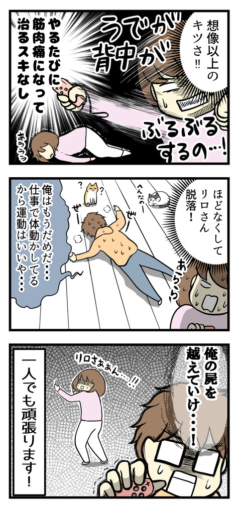 で、家に帰って早速やってみたら･･･キツイ！想像以上のきつさ！腕はブルブル足ブルブル！治りきらない筋肉痛！夫は脱落してしまったので私一人でも頑張って続けます。