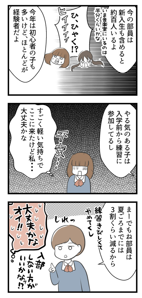 そして部員は100人という大所帯！やほとんどが中学からの経験者で初心者は一部。でも練習が厳しいので夏頃には3割くらいは部員が減るのが例年のパターンらしい。私は大丈夫かな！？