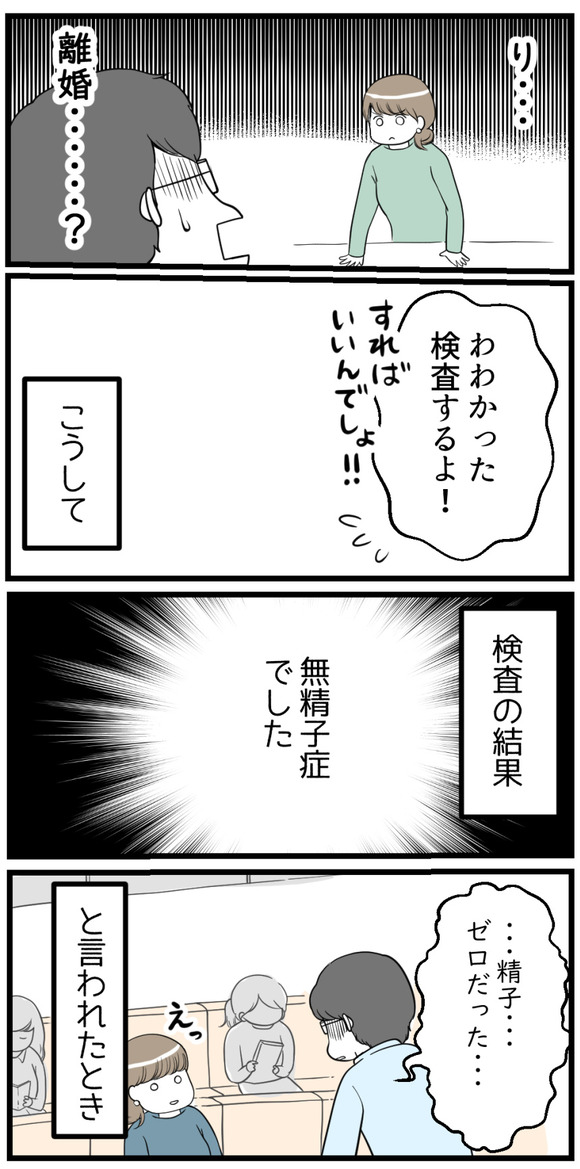 夫に精液検査をしなければ離婚を考えたい！と訴えたゆいせさん。夫も驚いていたけれどそれでやっと検査を受けることになりました。そして検査の結果は･･･無精子症でした。「精子がゼロだった」と言われた時