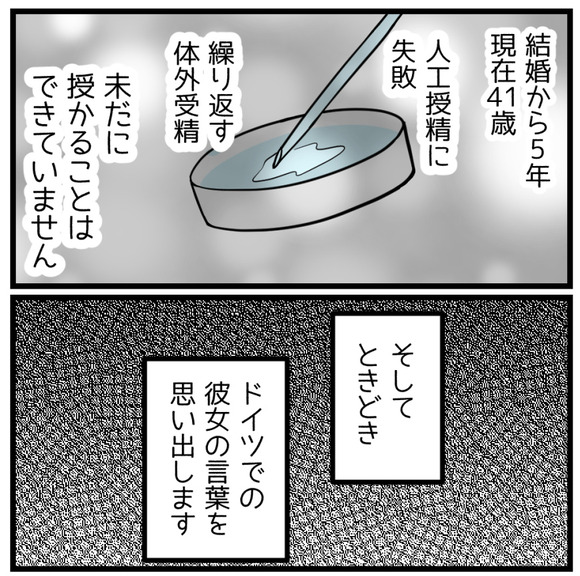 結婚から5年、現在41歳。人工授精は失敗、繰り返す体外受精。未だに授かることはできていません。そして時々、ドイツでの彼女の言葉を思い出します。