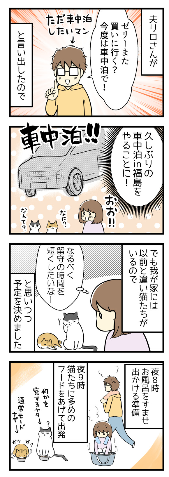 夫リロさんが「またゼリー買いに行く？今度は車中泊で！」と言い出したので久しぶりの車中泊in福島をやることに！でも我が家には以前と違い猫たちがいるので「なるべく留守の時間を短くしたいなー」と思いながら予定を立てました。夜8時にお風呂に入り出かける準備、夜9時に大目に猫フードをあげて出発。