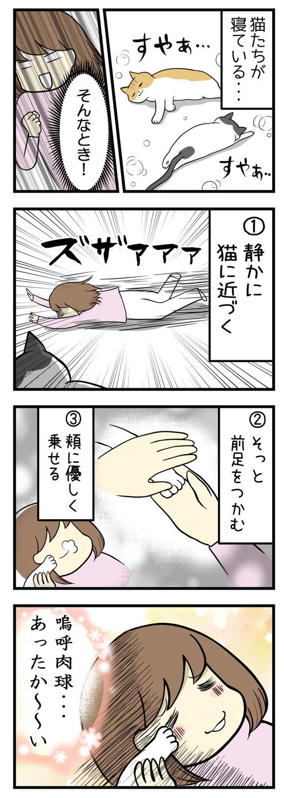猫たちが寝ている・・・そんなとき!①静かに猫に近づく②そっと前足をつかむ③ほほに優しく乗せる。すると・・・肉球のほのかな暖かさに癒される・・・