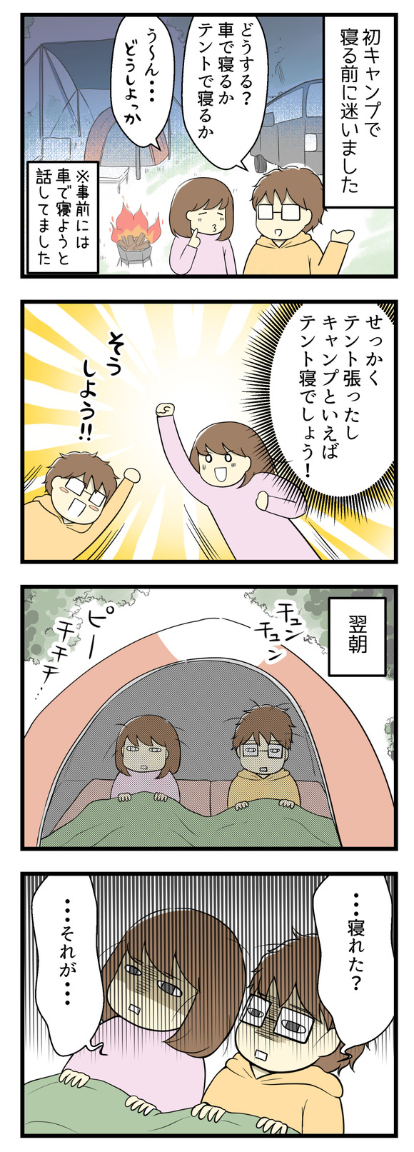 初キャンプで夜寝る前に迷いました。当初は車で寝るつもりでしたが、せっかくテントを張ったしテント内で寝ることにしました!しかし翌朝、夫婦そろって寝不足!