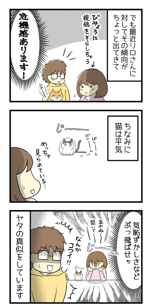 でも最近夫のリロさんにその目を合わせない、気恥ずかしいという傾向が出てきてちょっと危機感あります!ちなみに猫は視線が合おうが平気。気恥ずかしさなどぶっとばせ!という気持ちで、目線をがっつり合わせてくるヤタのマネをしています。