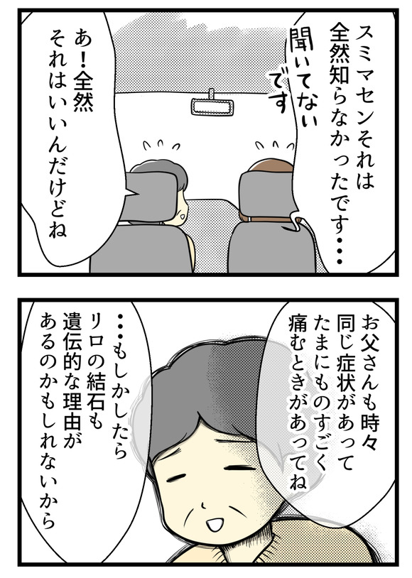 車の中で義母と会話中続きです。尿管結石の話をされて私は夫から全然そのことを聞いていなかったので驚きました。どうやら義父も同じ症状があって、義母は遺伝的なものがあるのでは?と気にしていました。