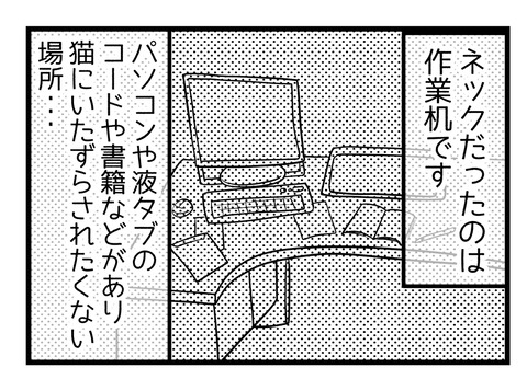 ネックだったのは作業机です。パソコンやコード類や書類があって、猫にはいたずらされたくない場所。
