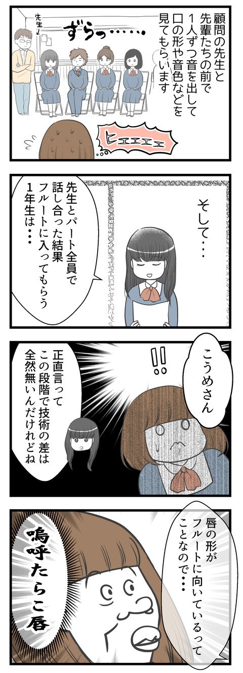 顧問の先生とフルートパートの先輩方の前で1人ずつ音を出し適性を見てもらいます。そして結果･･･私がフルートに残れることになりました。その理由は唇の形がフルートに向いているからと。ああたらこ唇！！