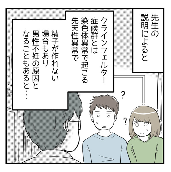 先生の説明によると、クラインフェルター症候群とは染色体異常で起こる先天異常で精子が作れない場合もあり男性不妊の原因にもなると。