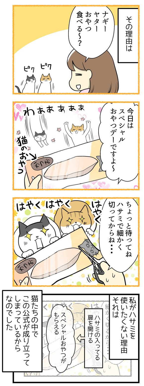 その理由は、時々スペシャルおやつをあげるときにはさみで刻んでからあげているので、ハサミのある棚をあける＝スペシャルおやつをもらえるという公式が成り立ってしまっているからなのでした。