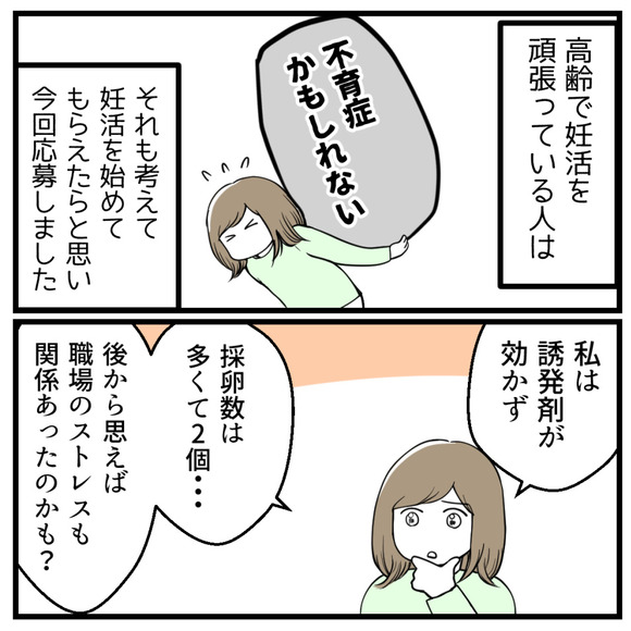 高齢で妊活を頑張っている人は「不育症かもしれない」それも考えて妊活を始めてもらえたら、と思い今回応募しました。私は誘発剤がきかず、採卵数は多くても2個･･･後から思えば職場のストレスもあったのかも？