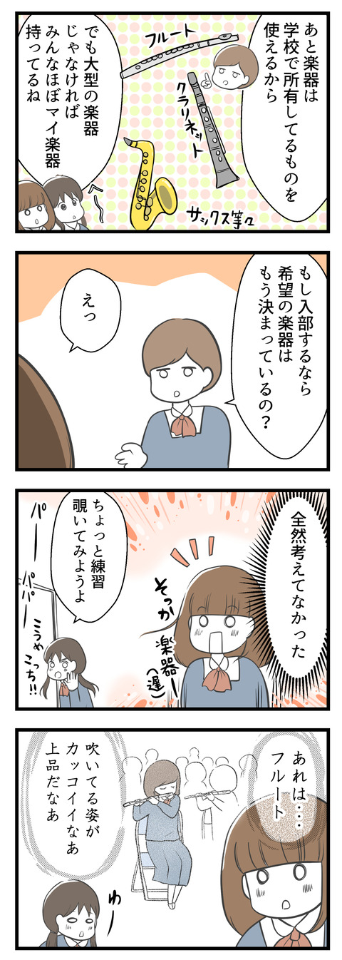 マネージャーの先輩は「楽器は学校所有のものを使える。でも大型の楽器じゃなければみんなマイ楽器を持っている」と教えてくれました。そしてもし入部するなら希望の楽器は決まっているの?と聞かれました。全然考えていなかった私は、フルートを吹く先輩の姿がカッコイイと思い