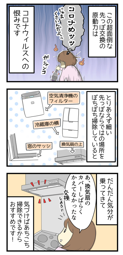 この超面倒な先っぽ交換の原動力は邪魔くさいコロナウィルスへの恨みです。コロナウィルスのせいで外出を控えねばならないという!とりあえず細い先っぽならではの場所に掃除機をかけていると、だんだん気分が乗ってきて気づけばあちこち掃除できるのでおすすめです☆