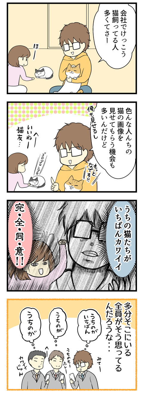 夫曰く「うちの会社でも猫を飼っている人が多くて、よく画像を見せ合ったりするんだけど･･･」「うちの猫たちがいちばん可愛いと思う！」と自信たっぷり。私も完全同意！！でも想像する。夫や会社の人、その場にいてそれぞれ飼っている猫の画像を見せ合っている人みんな「うちの猫がいちばんかわいい！」と思ってるんだろうなあと。