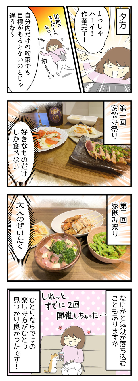 夕方、目標を無事に達成!自分の中だけの約束でもあるとないのとじゃ気持ちが違いますね。そしてすでに第一回、第二回とひとり家飲み祭りを開催しちゃいました。何かと気分が落ち込むこともあるけれど、ひとりならではの楽しみ方がひとつ見つかったのでよかった!