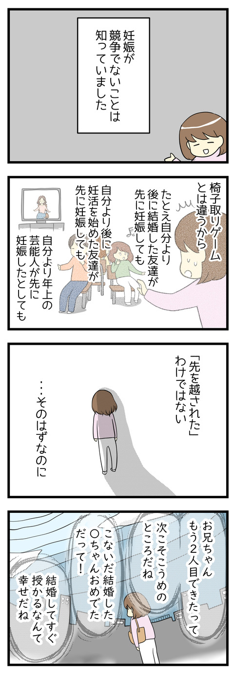 妊娠は椅子取りゲームとは違うから、自分よりあとに結婚した人が先に妊娠しても、自分より年上の芸能人が妊娠しても「先を越されたわけではない」そのはずなのに･･･この敗北感、虚無感はなに？