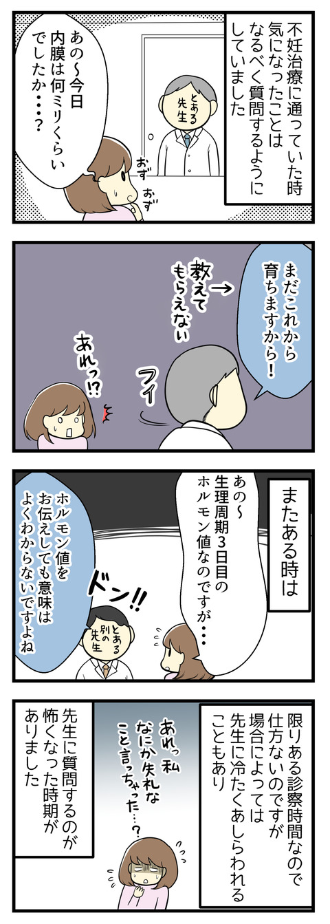不妊治療クリニックに通っていた頃、気になることはなるべく先生に質問するようにしていましたが、場合によっては冷たくあしらわれることもあり、質問するのが怖くなった時期がありました