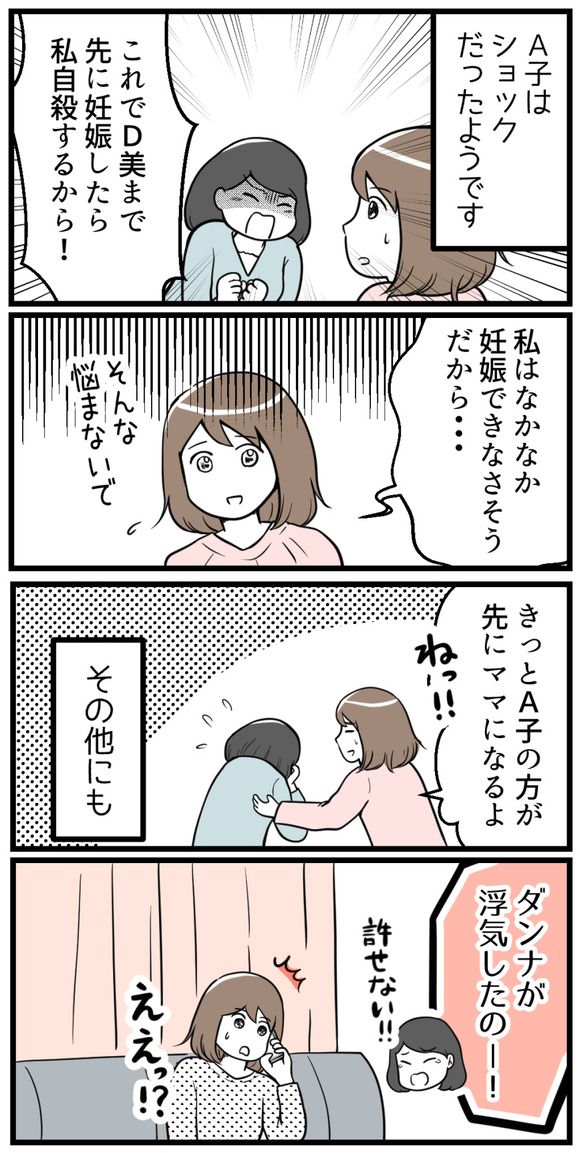 Bちゃんの妊娠に対して「どうせデキ婚でしょ」とつぶやいたのはA子でした。A子にとってBちゃんが先に妊娠したのはショックだったようです。「これでD美まで先に妊娠したら自殺する!」まで言われましたが「私はなかなか妊娠できなさそうだから、きっとA子の方が先にママになるよ」と言いました。その他にも
