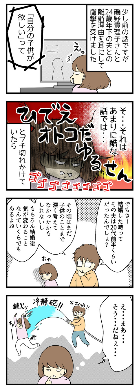 少し前の話ですが、タレント磯野貴理子さんが24歳年下夫との離婚理由として「自分の子供が欲しいからと言われた」という内容の番組を観て「磯野貴理子さんは結婚当時ですでに40代後半だったはず、結婚する時点で2人の子供は持てないであろうことをわかっていたはずなのに、何言ってんだこの年下夫は!」と怒りがこみ上げました。