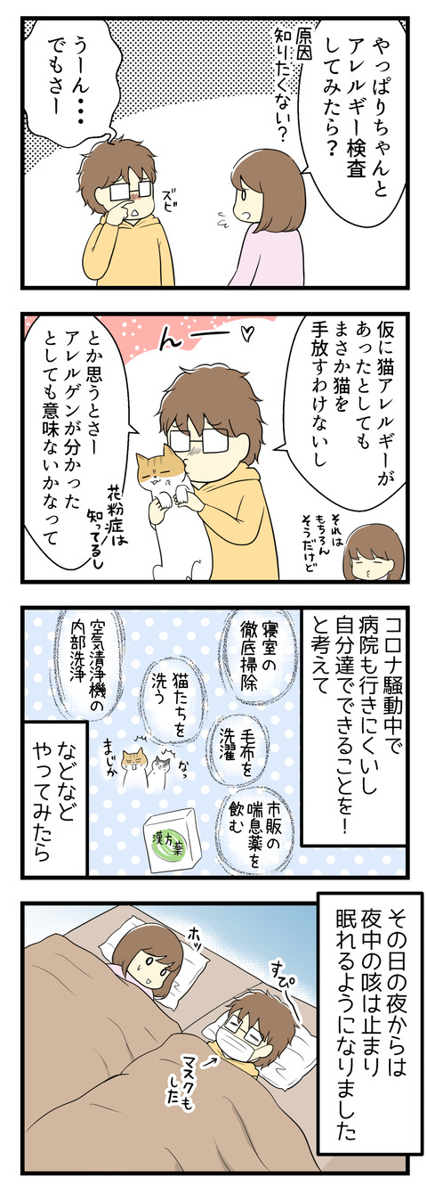 やっぱりアレルギー検査を勧めてみましたが夫は「たとえ猫アレルギーだったとしてもまさか猫を手放すわけじゃないしアレルゲンがわかったところで意味がないかな」と。新型コロナの騒動中で病院にも行きにくい。結局自分達でできることを!と考えて寝室の掃除を徹底、毛布の洗濯、空気清浄機の内部清掃、猫たちを洗うなどやってみたところ、その日から夫のひどい咳は止まり現在にいたっています。