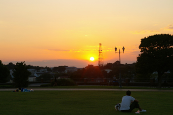 横浜根岸森林公園の原っぱからの夕日