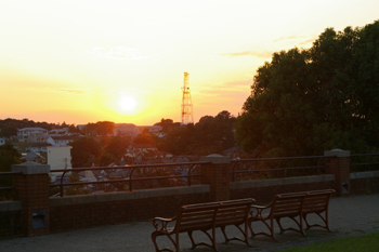 横浜根岸森林公園の夕日とベンチ