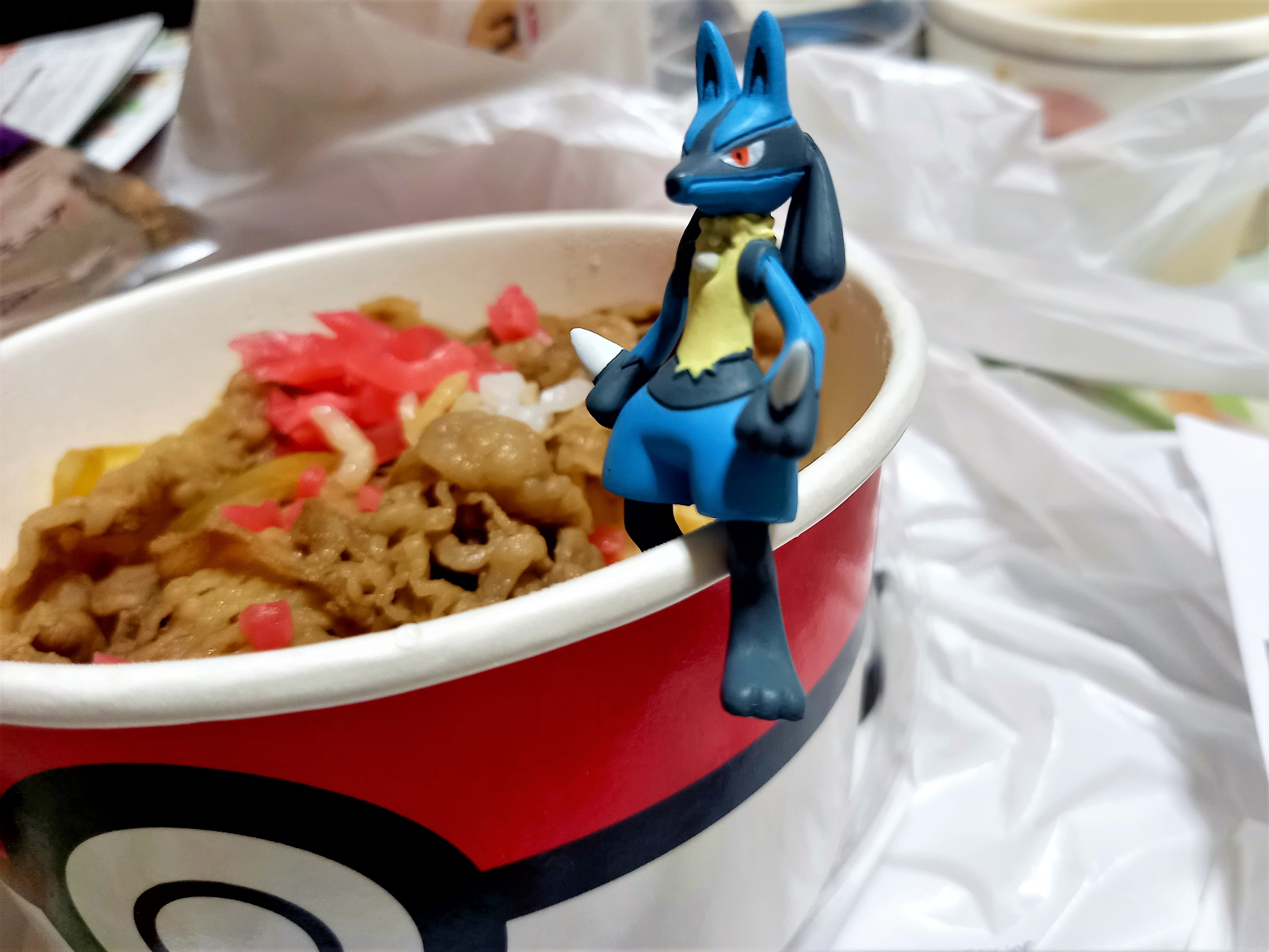 ポケモンgo 野家の看板メニュー牛丼とポケモンたちの楽しい企画 第2弾はかくとう はがねでバトルにバツグンなルカリオでした O クマジー王国のくまじろう