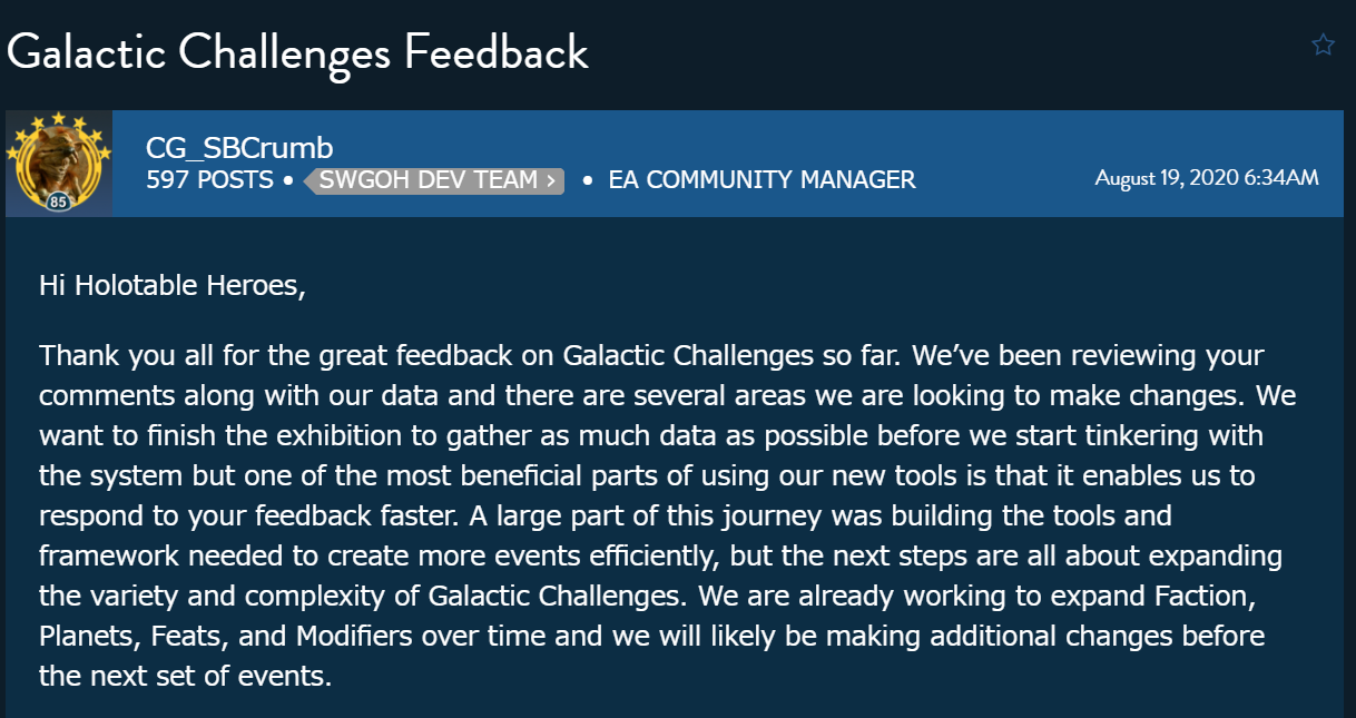 公式 銀河チャレンジのフィードバックについて Star Wars Galaxy Of Heroes スター ウォーズ 銀河の英雄 攻略 考察