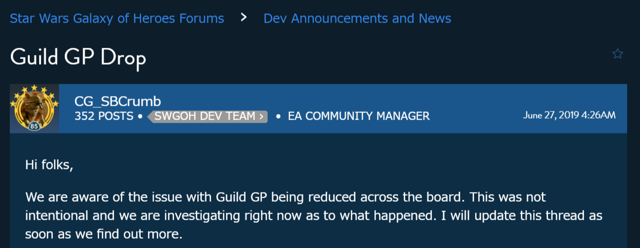 公式 ギルドgpの低下について Star Wars Galaxy Of Heroes スター ウォーズ 銀河の英雄 攻略 考察