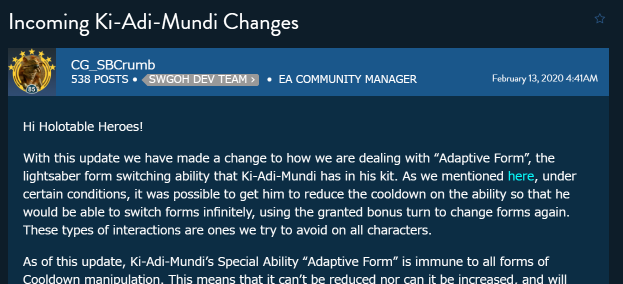 公式 キ アディ ムンディの仕様変更について Star Wars Galaxy Of Heroes スター ウォーズ 銀河の英雄 攻略 考察