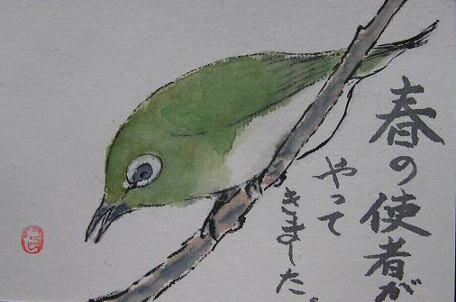 絵手紙シリーズ メジロの訪問 四季の花図鑑