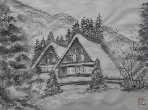 【真作】版画　木版画　雪景色　雪の山里風景　合掌造りの民家　冬景色　C15 ⑭水墨画シリーズ 山里の合掌造民家 : 四季の花図鑑