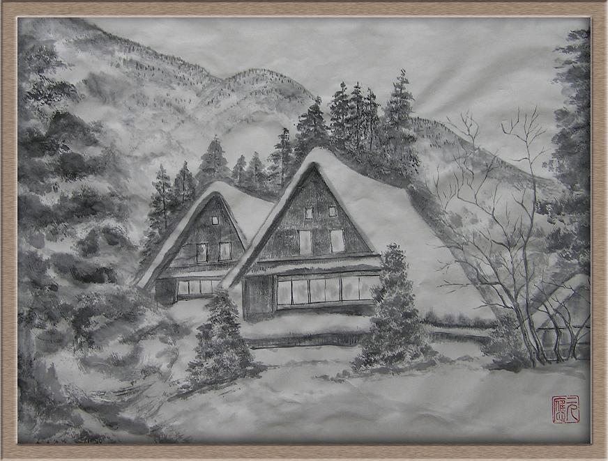 ⑭水墨画シリーズ 山里の合掌造民家 : 四季の花図鑑